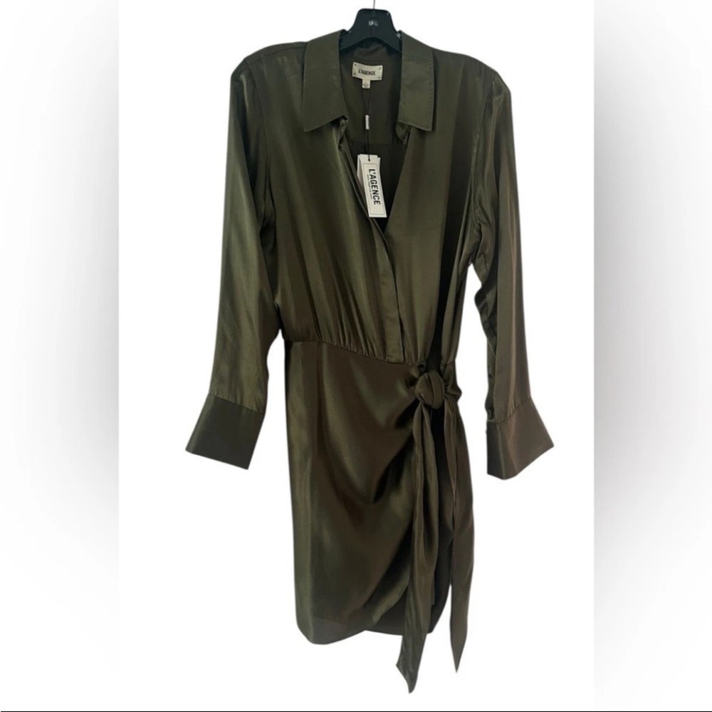 NWT L'Agence Green Winter Moss Atlas 100% Silk Wrap-Effect Dress, Size 8 - Picture 6 of 9